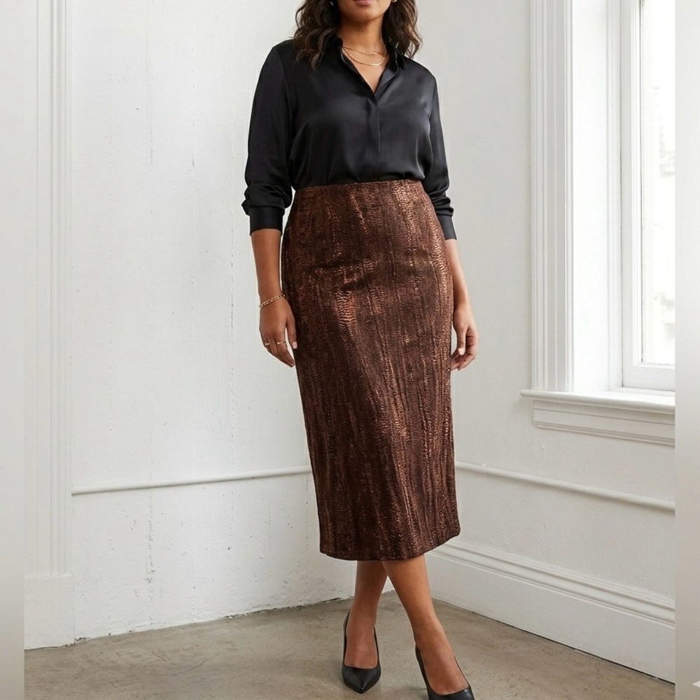 NEW JULIANA COLLEZIONE Copper Crinkled Shine Midi Skirt Size 6